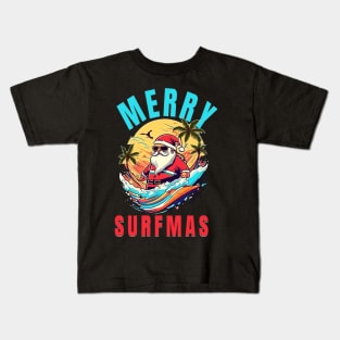 Merry Surfmas, Santa Waving, Christmas, Surf Gift, Santa Gift Kids T-Shirt